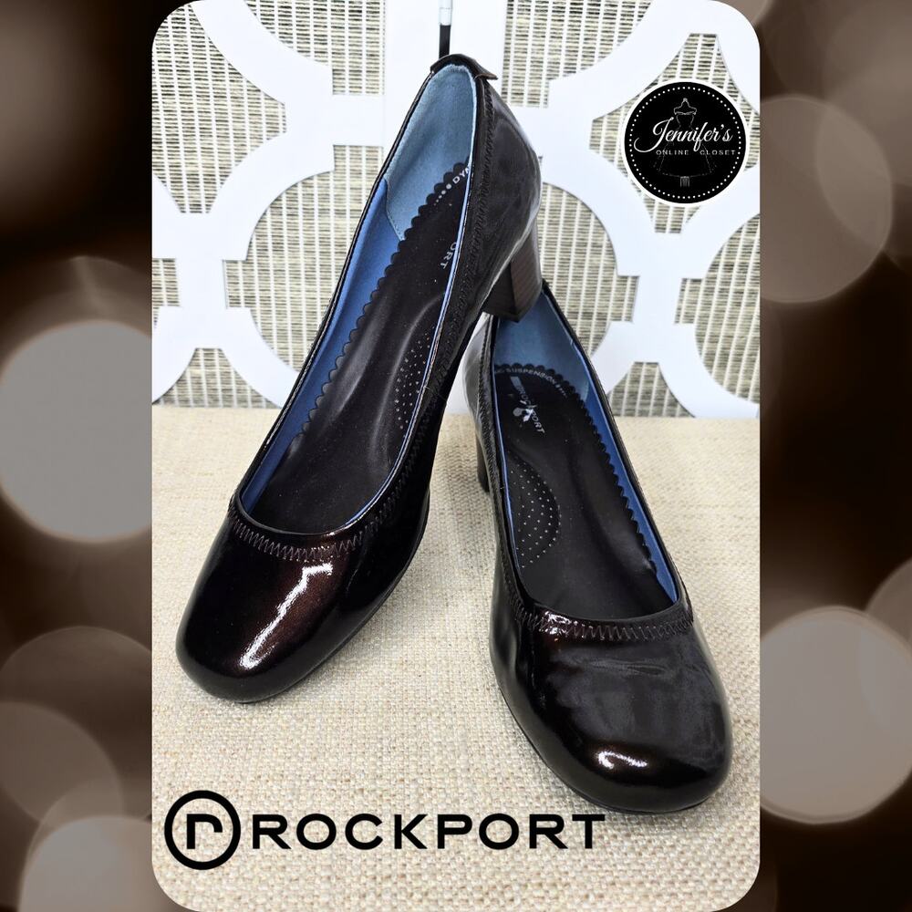 Rockport Dark Brown NWOT Patent Leather Slip On Block Heel Pumps Size 7W